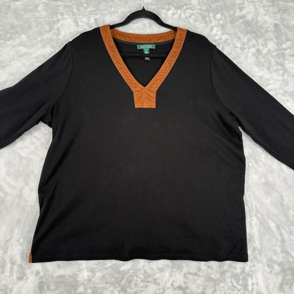Lauren Ralph‎ Lauren Faux Suede Trim V-Neck Top Women's Black Plus Size 3X